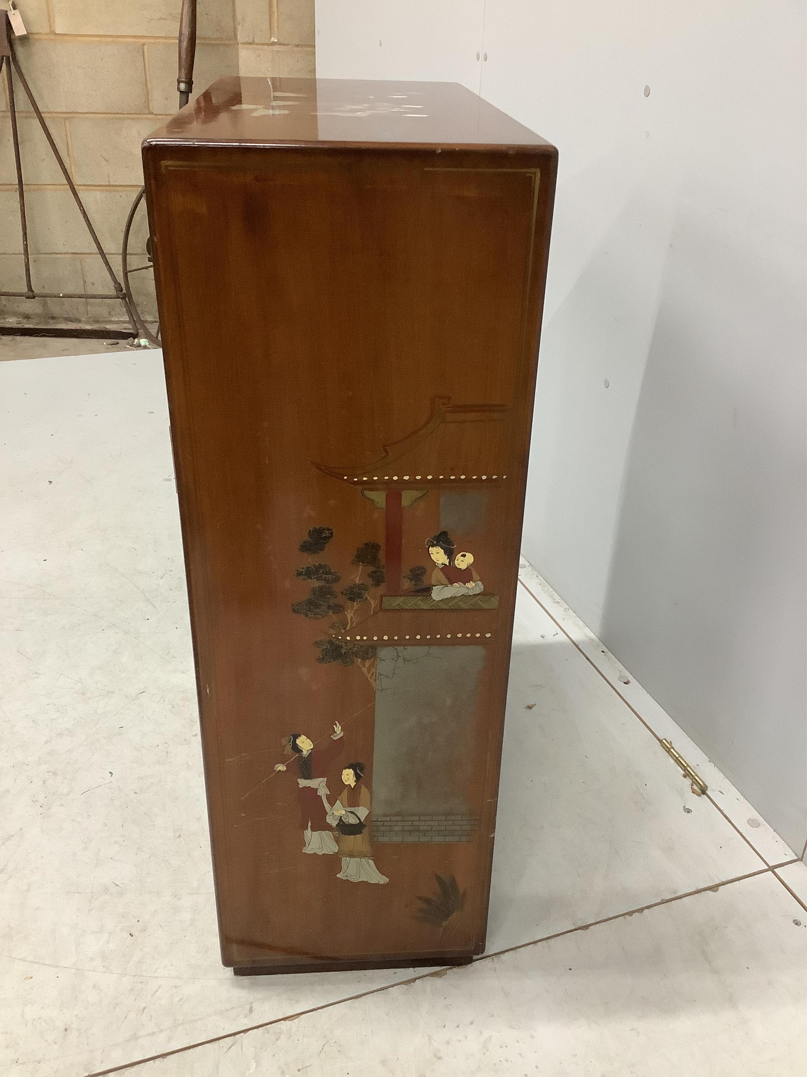 A Chinese painted hardwood side cabinet, width 60cm, depth 30cm, height 91cm. Condition - good